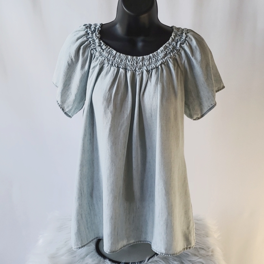 Michael Stars Chambray Blue Raglan Short Sleeve Round Neck Linen Top Size M